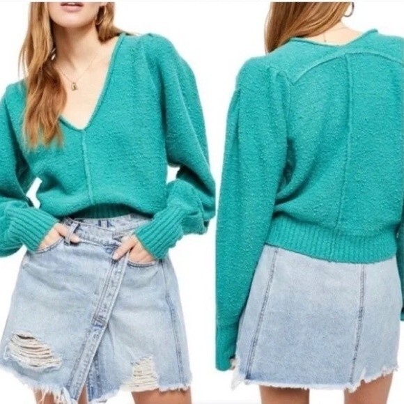 Free People Reverie Sweater Emerald Aura Green Statement Sleeves Size Small - Picture 14 of 14